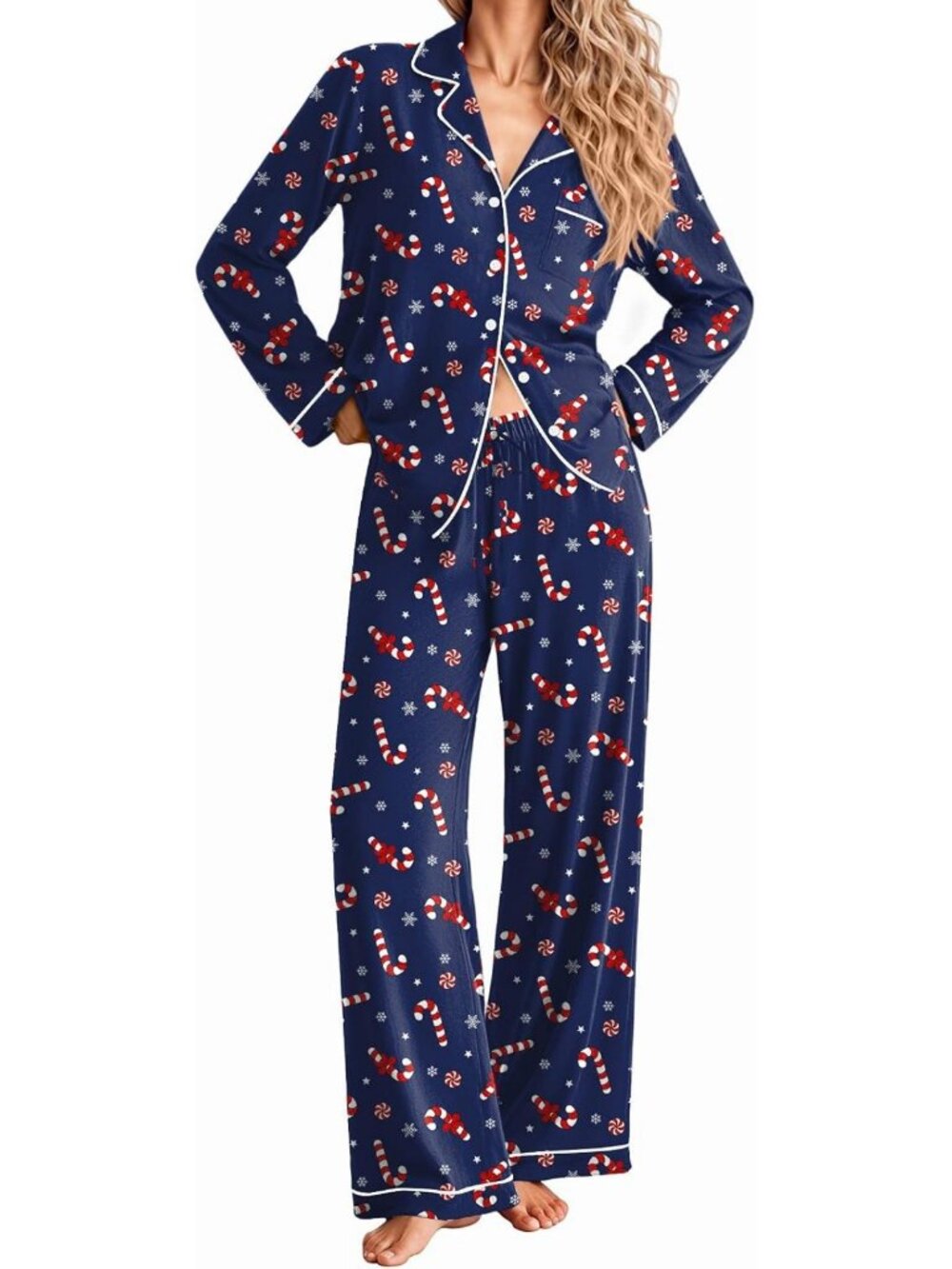 Cozy Long Sleeve Christmas Pajamas for Women | Striped Button-Up Loungewear Set